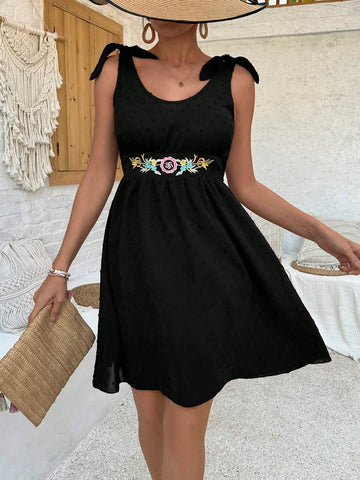 Casual Vacation Style Round Neck Dress With Floral Embroidery And Drawstring Waist