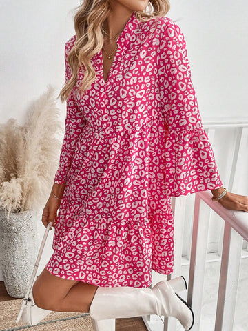 Casual Women Colorful Leopard Print Babydoll Long Sleeve Dress