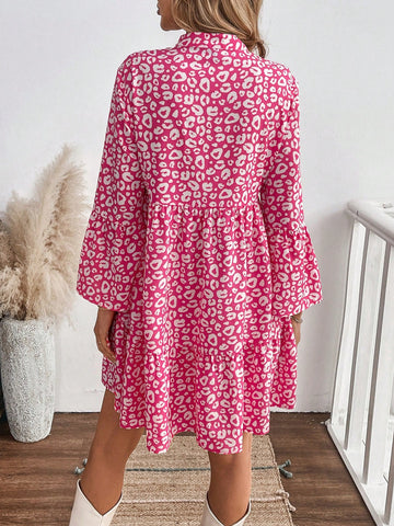 Casual Women Colorful Leopard Print Babydoll Long Sleeve Dress