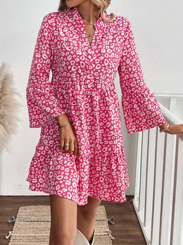 Casual Women Colorful Leopard Print Babydoll Long Sleeve Dress