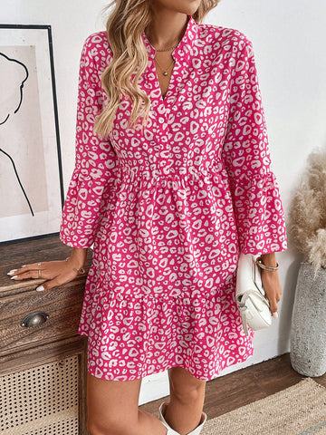 Casual Women Colorful Leopard Print Babydoll Long Sleeve Dress