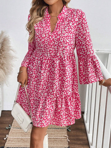 Casual Women Colorful Leopard Print Babydoll Long Sleeve Dress