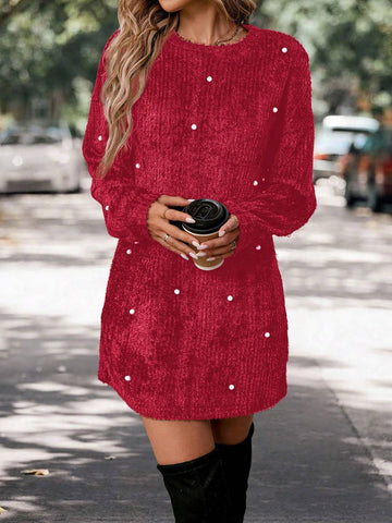 Casual Women Fuzzy Pearl Decor Long Sleeve Crew Neck Dress