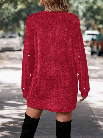 Casual Women Fuzzy Pearl Decor Long Sleeve Crew Neck Dress