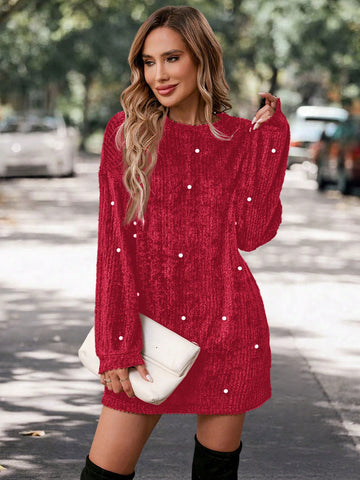 Casual Women Fuzzy Pearl Decor Long Sleeve Crew Neck Dress