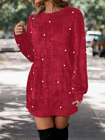 Casual Women Fuzzy Pearl Decor Long Sleeve Crew Neck Dress