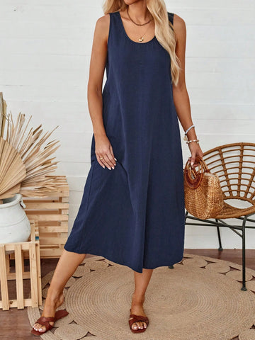 Casual Women Solid Color Sleeveless Tank Dress