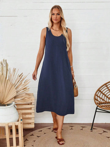Casual Women Solid Color Sleeveless Tank Dress