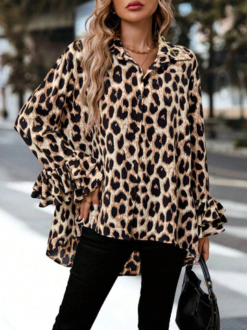 LUNE Casual Women's Batwing Sleeve Leopard Print Long Back Short Front Blouse