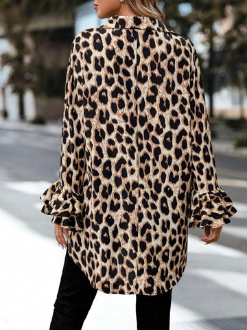 LUNE Casual Women's Batwing Sleeve Leopard Print Long Back Short Front Blouse