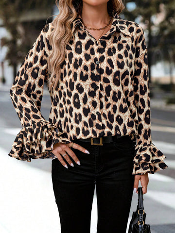LUNE Casual Women's Batwing Sleeve Leopard Print Long Back Short Front Blouse