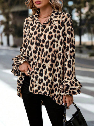 LUNE Casual Women's Batwing Sleeve Leopard Print Long Back Short Front Blouse