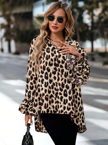 LUNE Casual Women's Batwing Sleeve Leopard Print Long Back Short Front Blouse