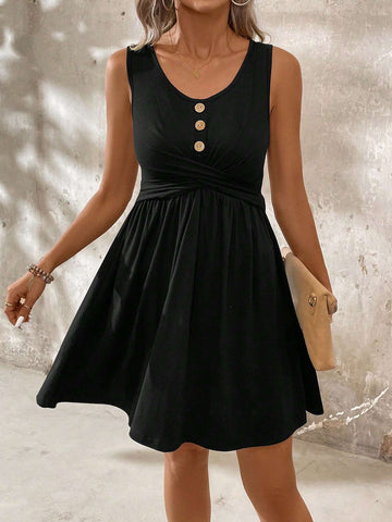 Casual Women's Button Round Neck Front Twist Knot Midi Dress