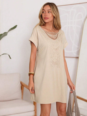 Casual Women's Khaki V-Neck Floral Batwing Short Sleeve Dress