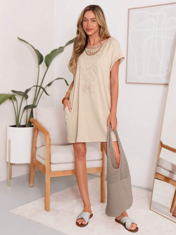 Casual Women's Khaki V-Neck Floral Batwing Short Sleeve Dress