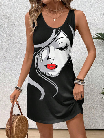 Casual Women's Portrait Printed Dress Suitable For Summer