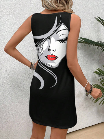 Casual Women's Portrait Printed Dress Suitable For Summer
