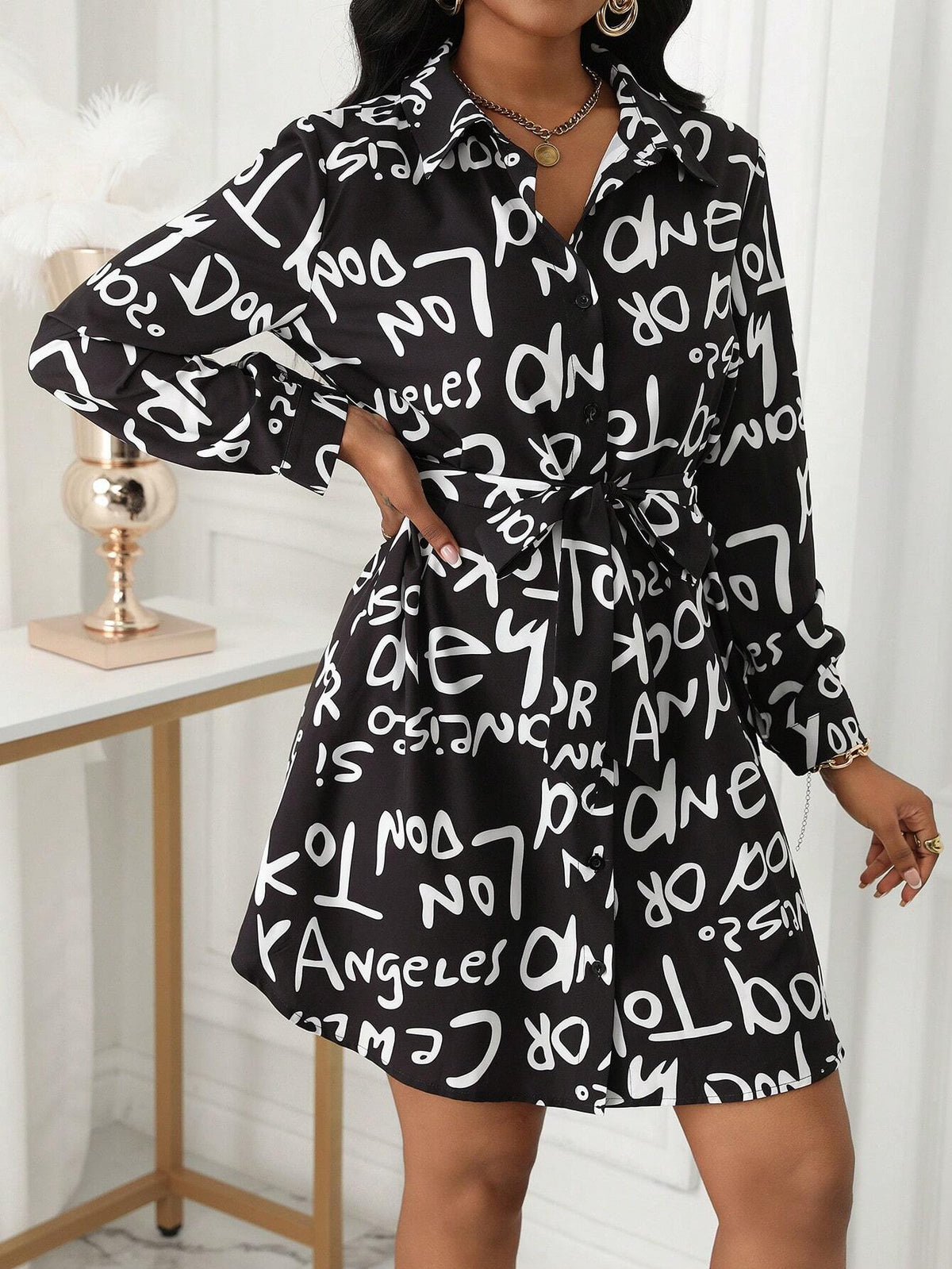 Casual Women's Shirt Collar Long Sleeve Button Print Dress