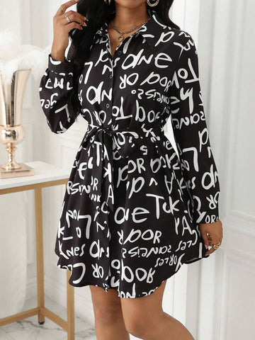Casual Women's Shirt Collar Long Sleeve Button Print Dress