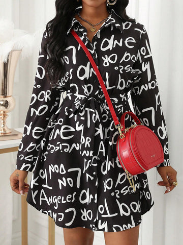 Casual Women's Shirt Collar Long Sleeve Button Print Dress