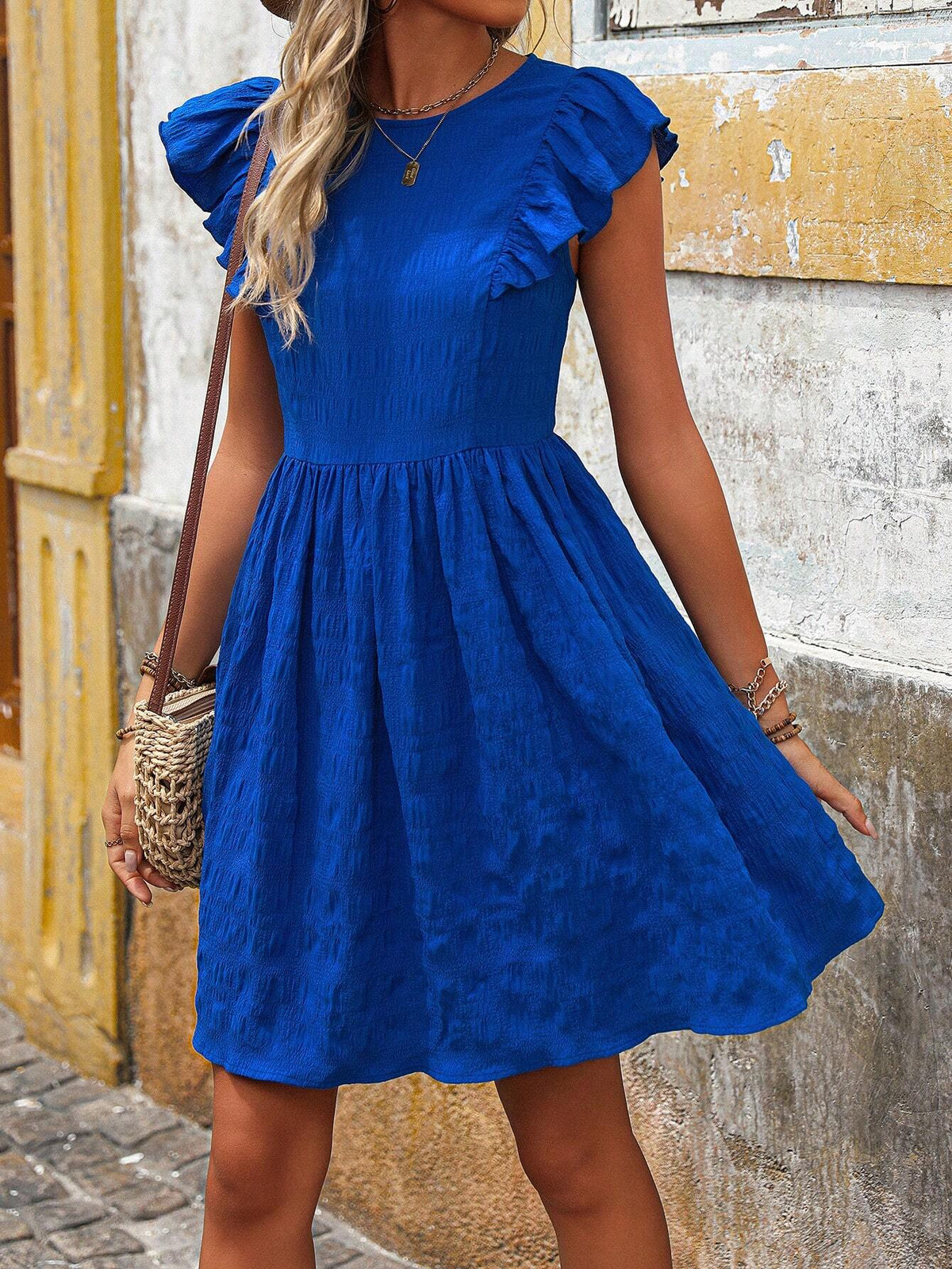 Casual Women's Solid Blue Round Neck Cap Sleeve Dress For Daily Wear