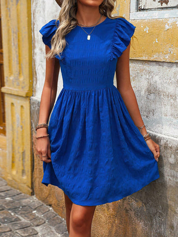 Casual Women's Solid Blue Round Neck Cap Sleeve Dress For Daily Wear