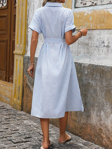 Casual Women's Striped Batwing Sleeve Shirt Collar Split Dress