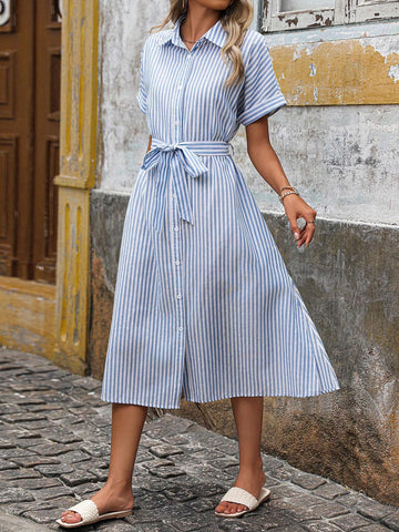 Casual Women's Striped Batwing Sleeve Shirt Collar Split Dress