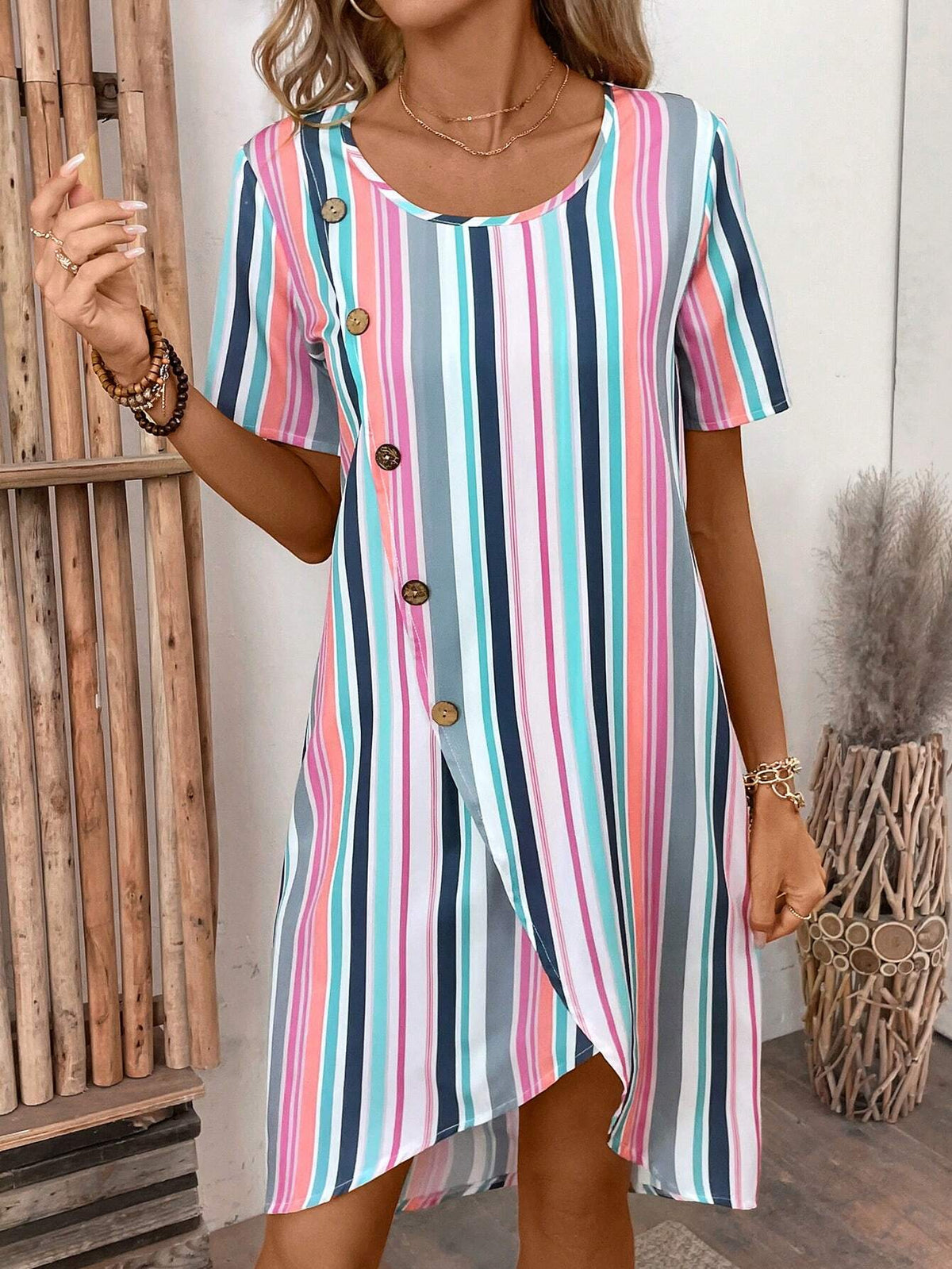 Casual Women's Striped Buttoned Round Neck Summer Short Sleeve Dress