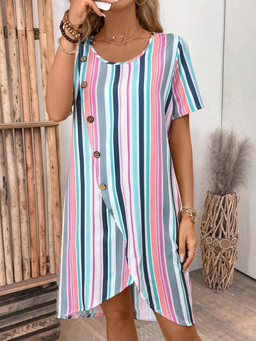 Casual Women's Striped Buttoned Round Neck Summer Short Sleeve Dress