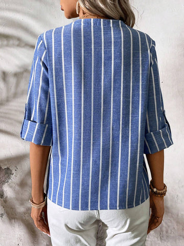 LUNE Casual Women's Striped Pocket Notch V-Neck Rolled-Up Sleeve Shirt