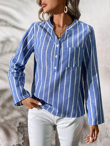 LUNE Casual Women's Striped Pocket Notch V-Neck Rolled-Up Sleeve Shirt