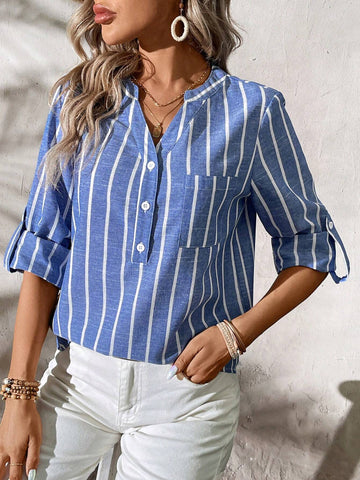 LUNE Casual Women's Striped Pocket Notch V-Neck Rolled-Up Sleeve Shirt