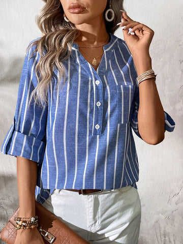 LUNE Casual Women's Striped Pocket Notch V-Neck Rolled-Up Sleeve Shirt
