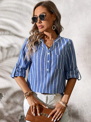 LUNE Casual Women's Striped Pocket Notch V-Neck Rolled-Up Sleeve Shirt