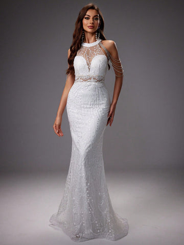 Chain Decorated Embroidery Mesh Mermaid Wedding Dress With Train