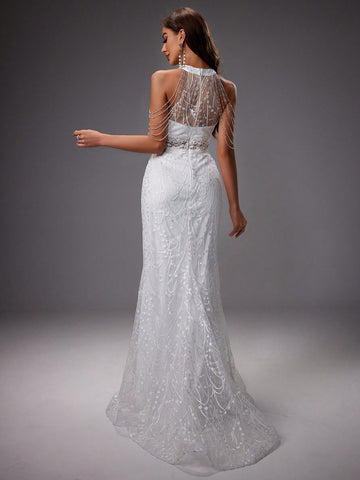 Chain Decorated Embroidery Mesh Mermaid Wedding Dress With Train