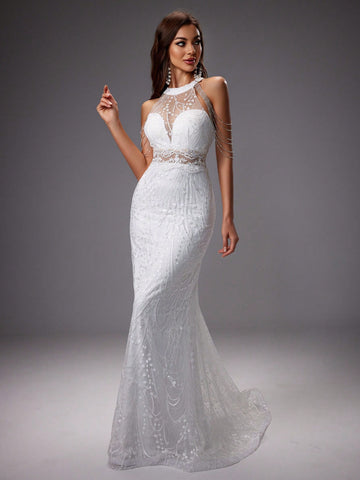 Chain Decorated Embroidery Mesh Mermaid Wedding Dress With Train