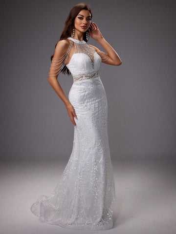 Chain Decorated Embroidery Mesh Mermaid Wedding Dress With Train