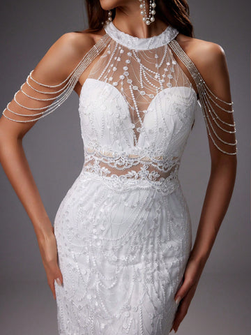 Chain Decorated Embroidery Mesh Mermaid Wedding Dress With Train