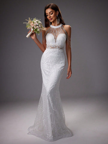 Chain Decorated Embroidery Mesh Mermaid Wedding Dress With Train