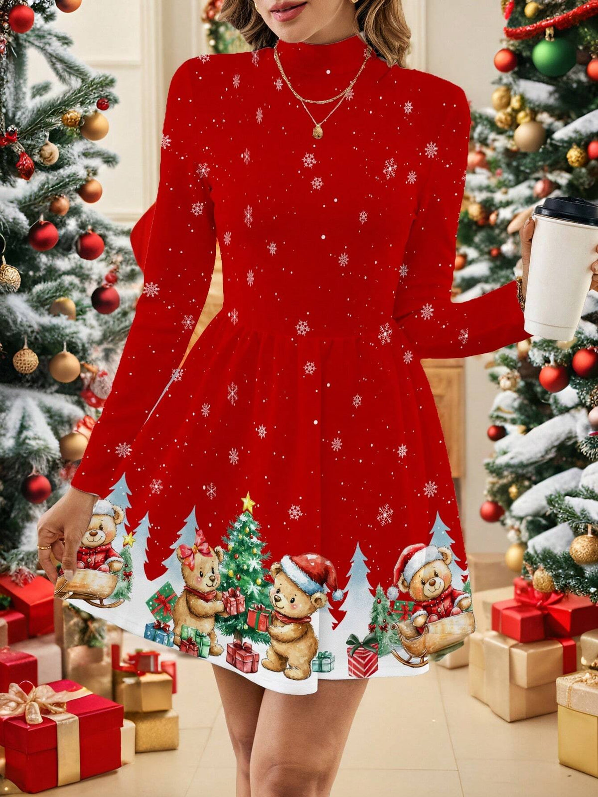 Christmas Casual Red Tight Long Sleeve Dress, Printed With Christmas Tree And Bear Motifs
