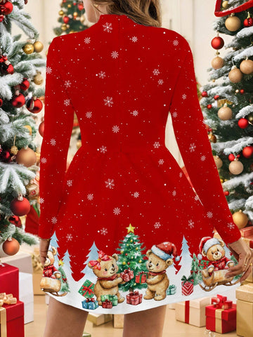 Christmas Casual Red Tight Long Sleeve Dress, Printed With Christmas Tree And Bear Motifs