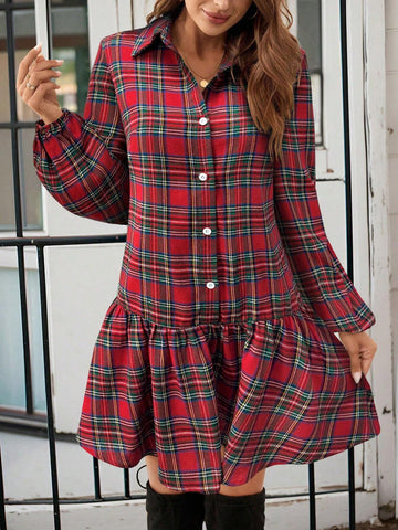 Christmas Plaid Design Mini Dress For Women