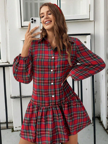 Christmas Plaid Design Mini Dress For Women