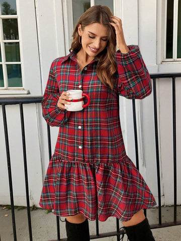 Christmas Plaid Design Mini Dress For Women