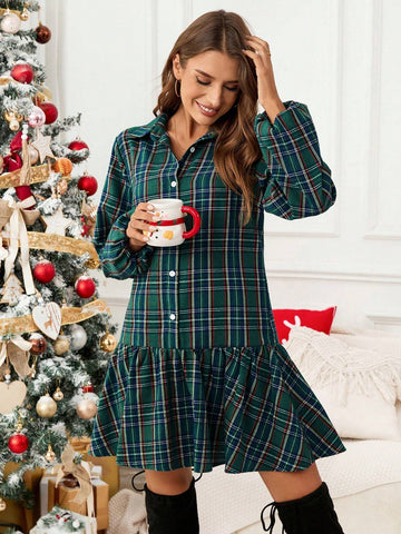 Christmas Plaid Pattern Short Dress For Women
