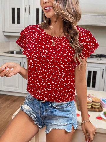 LUNE Christmas Red Heart Pattern Ruffle Trim Blouse, Thanksgiving Heart Design Valentines Day Women Shirt