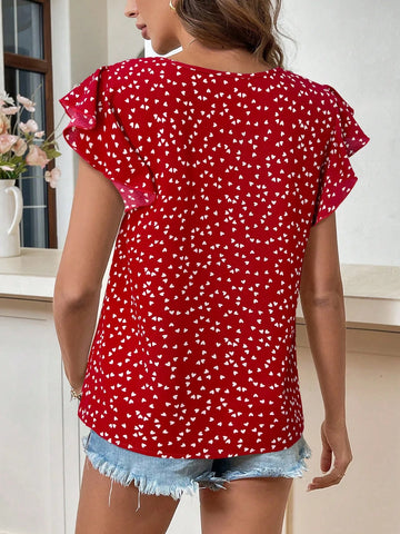 LUNE Christmas Red Heart Pattern Ruffle Trim Blouse, Thanksgiving Heart Design Valentines Day Women Shirt